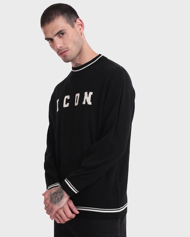 بيواكوف Men's Jet Black Icon Typography Oversized Sweater